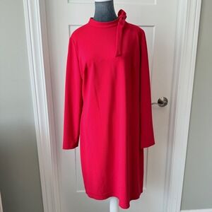 Calvin Klein Red High Neck Bow Shift Dress Long Sleeve Gold Back Zip Size 14